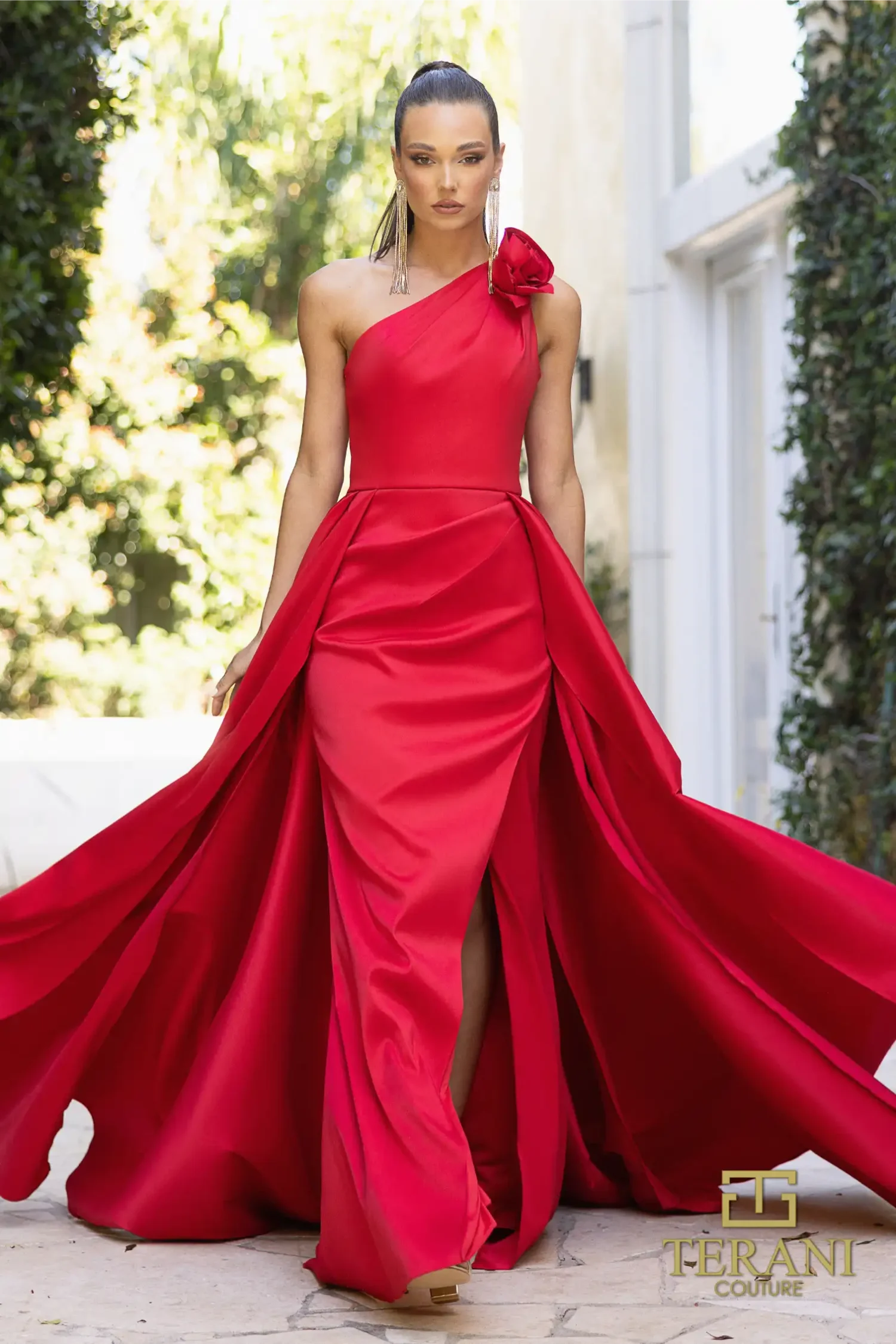 Terani 242E3110 Stretch Mikado Asymmetrical One Shoulder Long Ballgown Dress Red